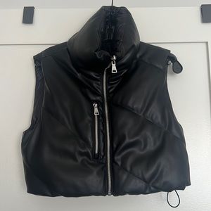 DKNY Cropped Reversible Leather Puffer Vest
